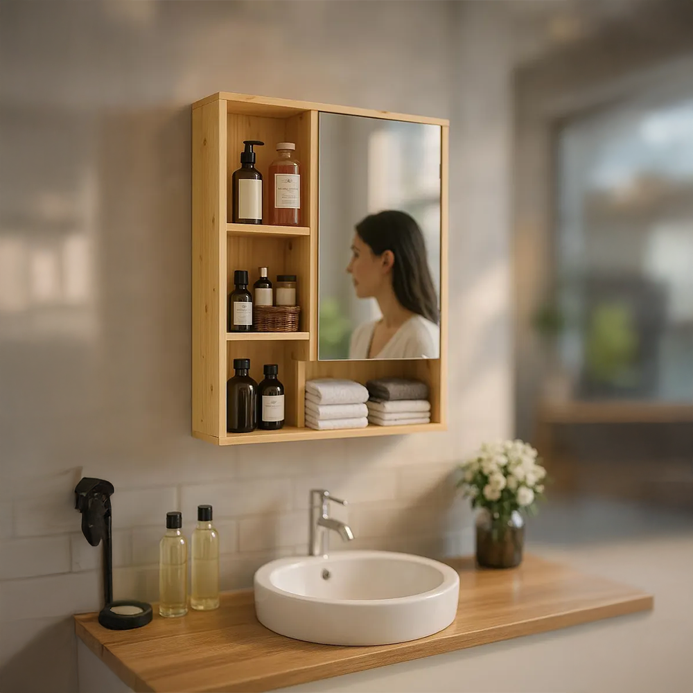 Armoire Mural de Salle de Bain en Bois avec Miroir – Rangement Suspendu Moderne en Bambou