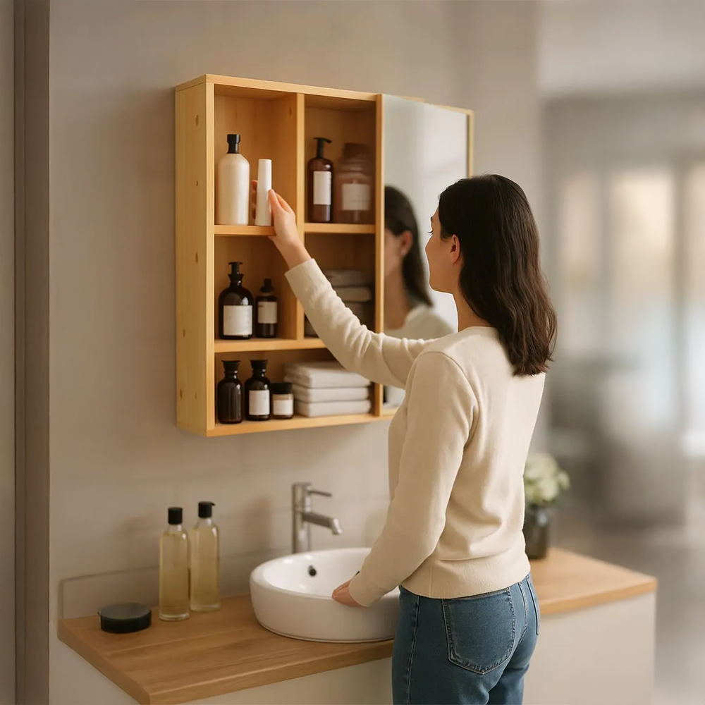 Armoire Mural de Salle de Bain en Bois avec Miroir – Rangement Suspendu Moderne en Bambou
