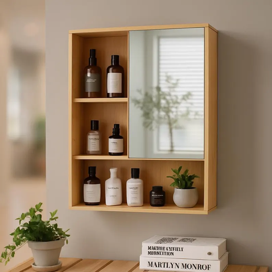 Armoire Mural de Salle de Bain en Bois avec Miroir – Rangement Suspendu Moderne en Bambou
