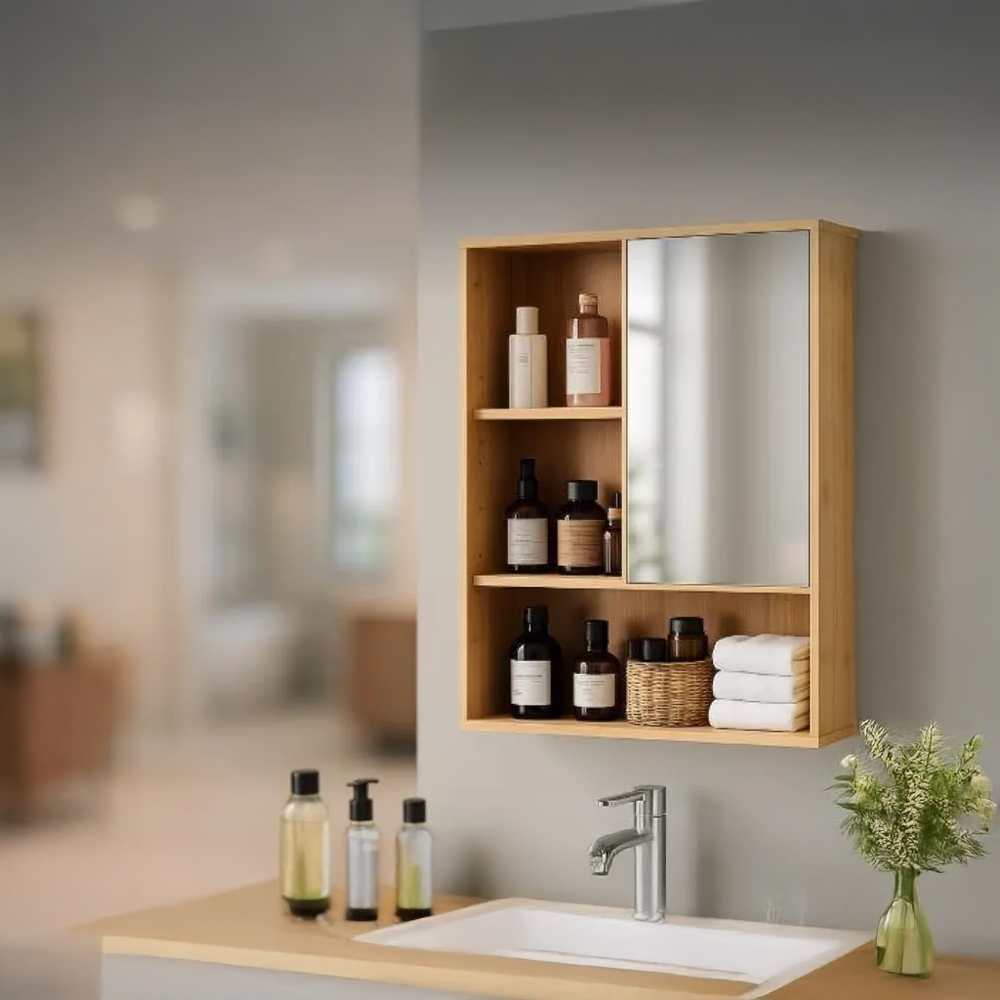 Armoire Mural de Salle de Bain en Bois avec Miroir – Rangement Suspendu Moderne en Bambou